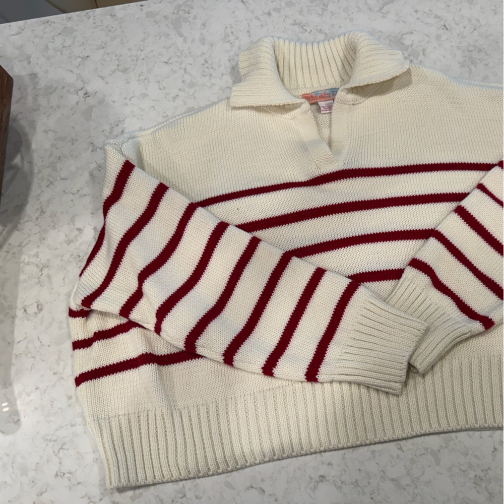 Elegant Cream and Red Striped V-Neck Sweater